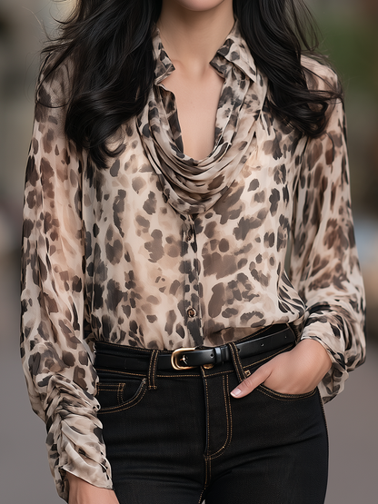 Leopard Print Blouse With Cowl Draped Collar And Ruched Sleeves