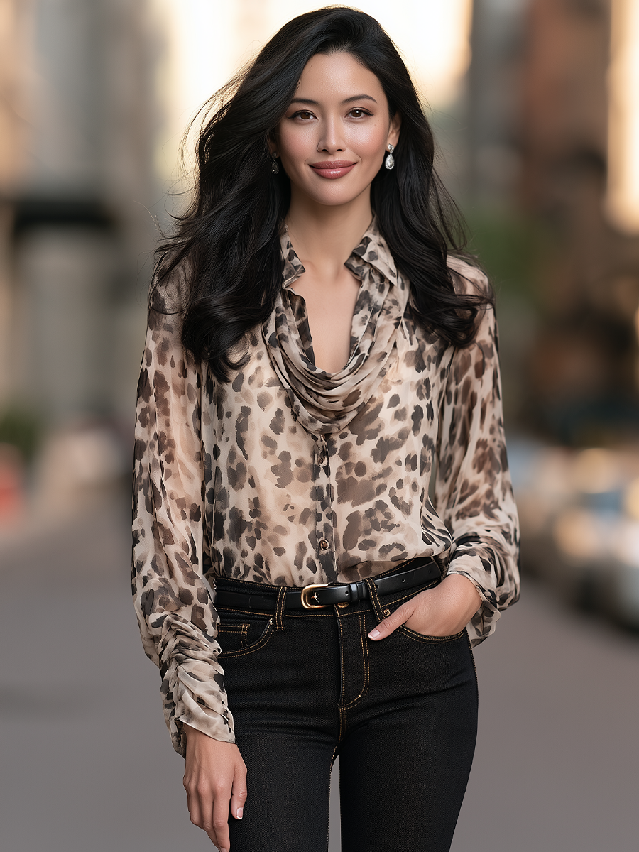 Leopard Print Blouse With Cowl Draped Collar And Ruched Sleeves