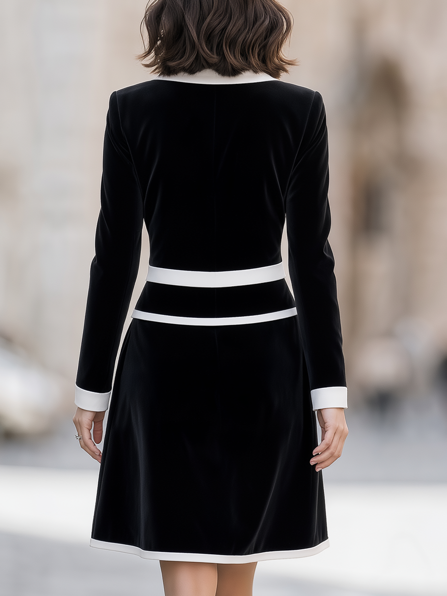 Black Velvet White Contrast Trim Shawl Lapel Two-Piece Skirt Suit