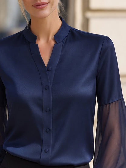 Navy Split Neck Sheer Long Sleeve Button Front Blouse