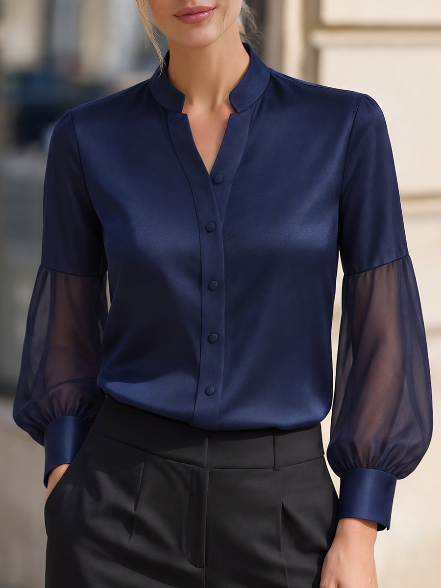 Navy Split Neck Sheer Long Sleeve Button Front Blouse
