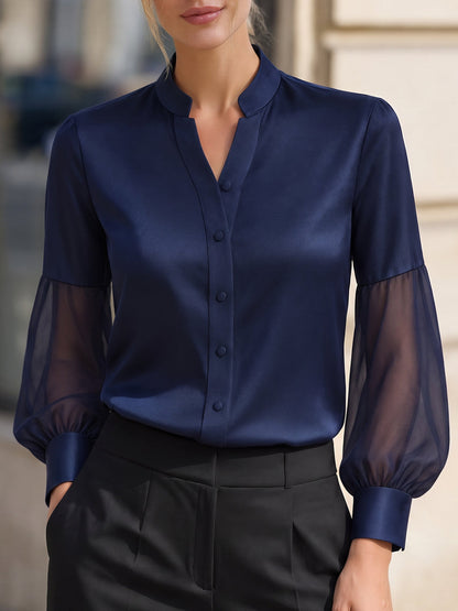 Navy Split Neck Sheer Long Sleeve Button Front Blouse