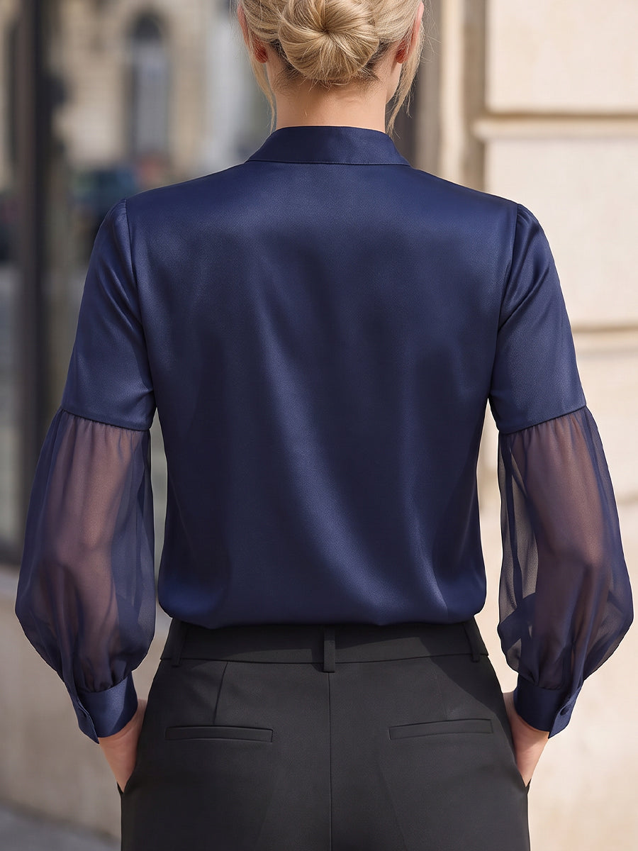 Navy Split Neck Sheer Long Sleeve Button Front Blouse