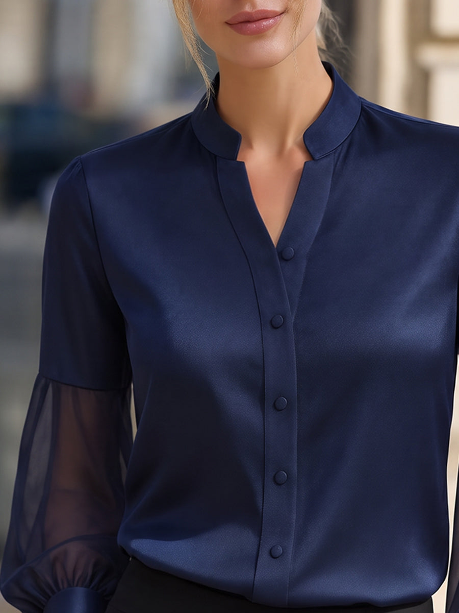 Navy Split Neck Sheer Long Sleeve Button Front Blouse