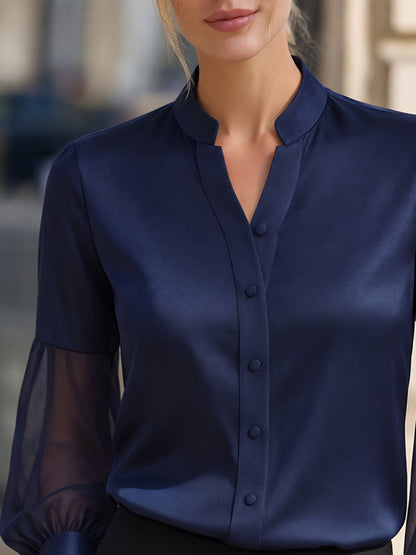 Navy Split Neck Sheer Long Sleeve Button Front Blouse