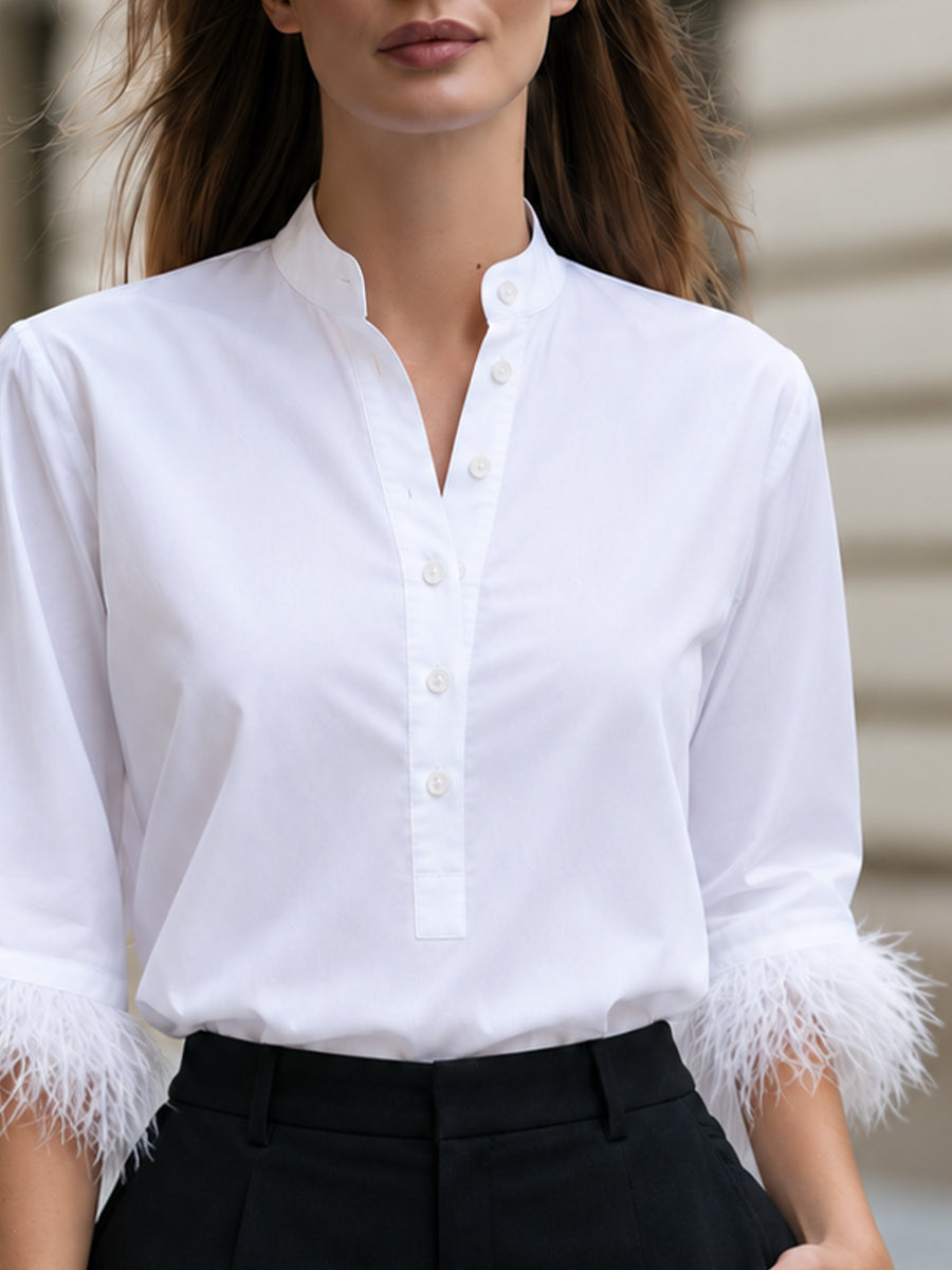 White Mandarin Collar Half Placket Feather Cuff 3/4 Sleeve Blouse