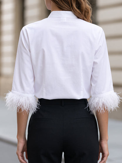 White Mandarin Collar Half Placket Feather Cuff 3/4 Sleeve Blouse