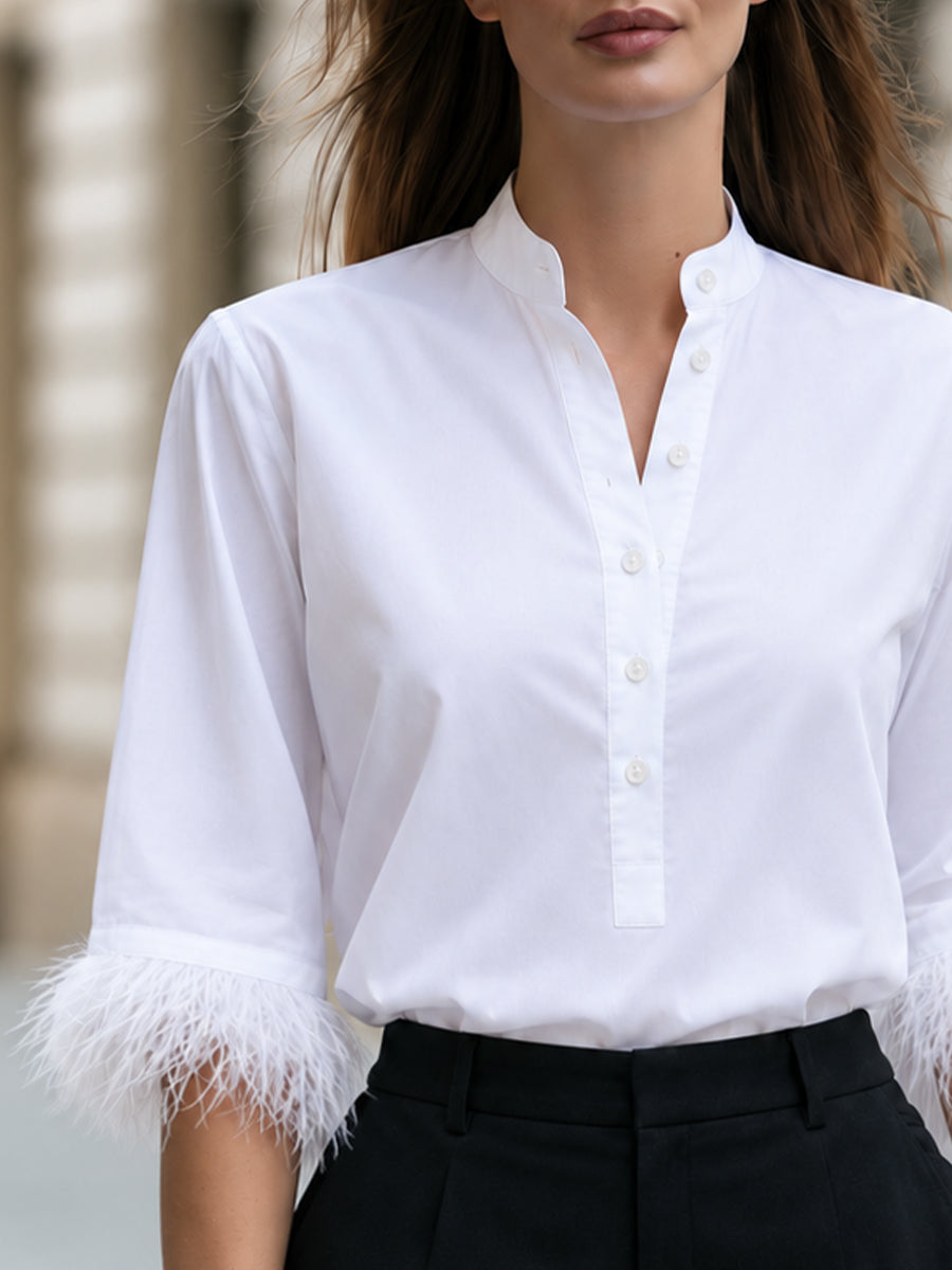 White Mandarin Collar Half Placket Feather Cuff 3/4 Sleeve Blouse