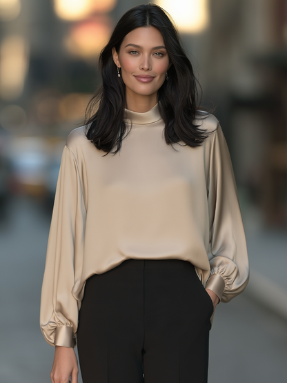 Mock Neck Blouse With Balloon Sleeves And Banded Cuffs