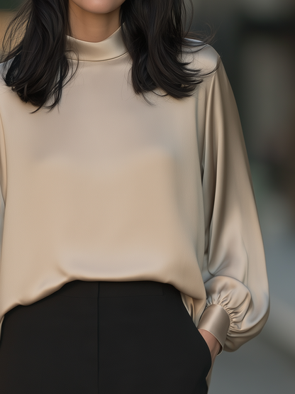 Mock Neck Blouse With Balloon Sleeves And Banded Cuffs