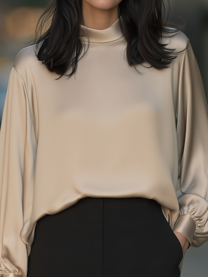 Mock Neck Blouse With Balloon Sleeves And Banded Cuffs