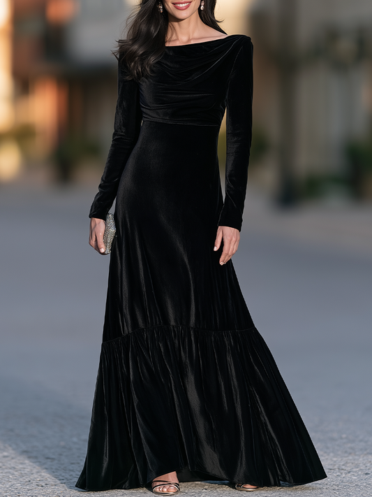Draped Cowl Neck Gown With Tiered Flounce Hem