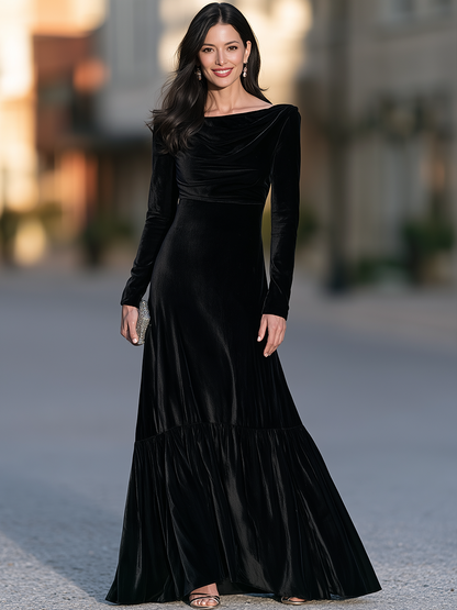 Draped Cowl Neck Gown With Tiered Flounce Hem