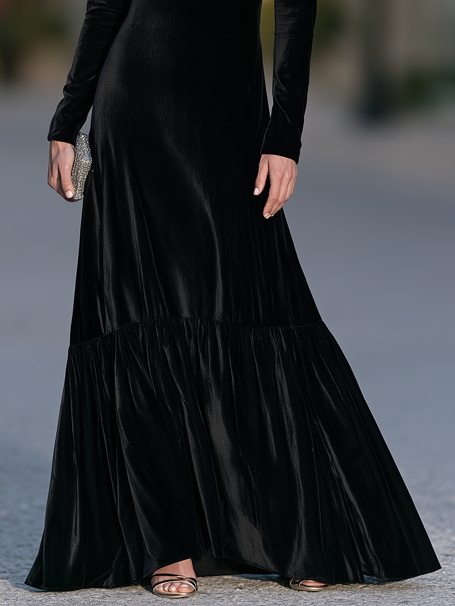 Draped Cowl Neck Gown With Tiered Flounce Hem
