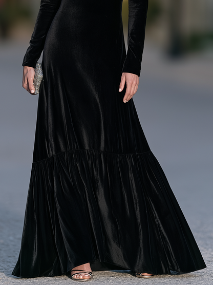Draped Cowl Neck Gown With Tiered Flounce Hem