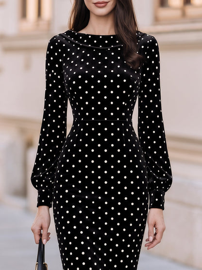 White Polka Dot Velvet Boat Neck Long Sleeve Midi Bodycon Dress