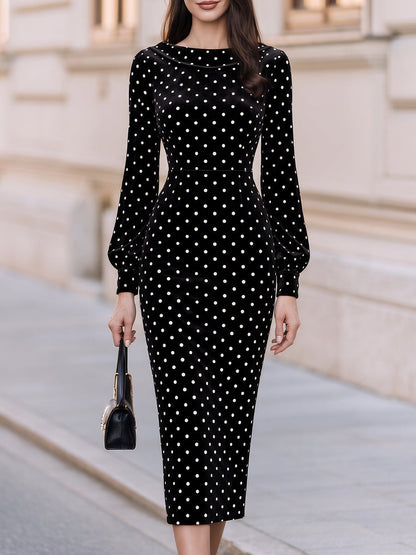 White Polka Dot Velvet Boat Neck Long Sleeve Midi Bodycon Dress
