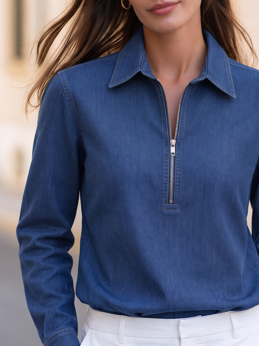 Point Collar Half Zip Long Sleeve Blouse