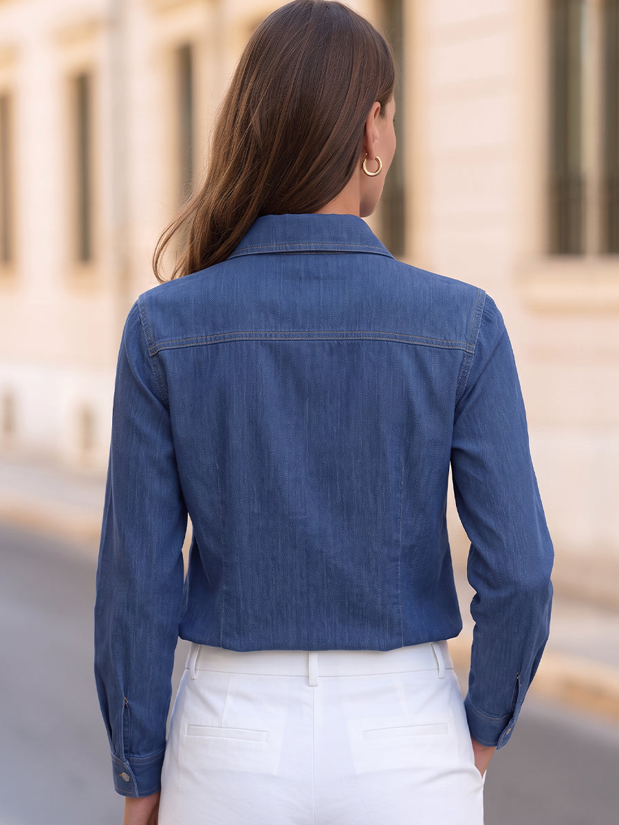 Point Collar Half Zip Long Sleeve Blouse