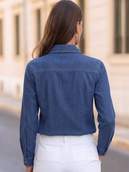Point Collar Half Zip Long Sleeve Blouse