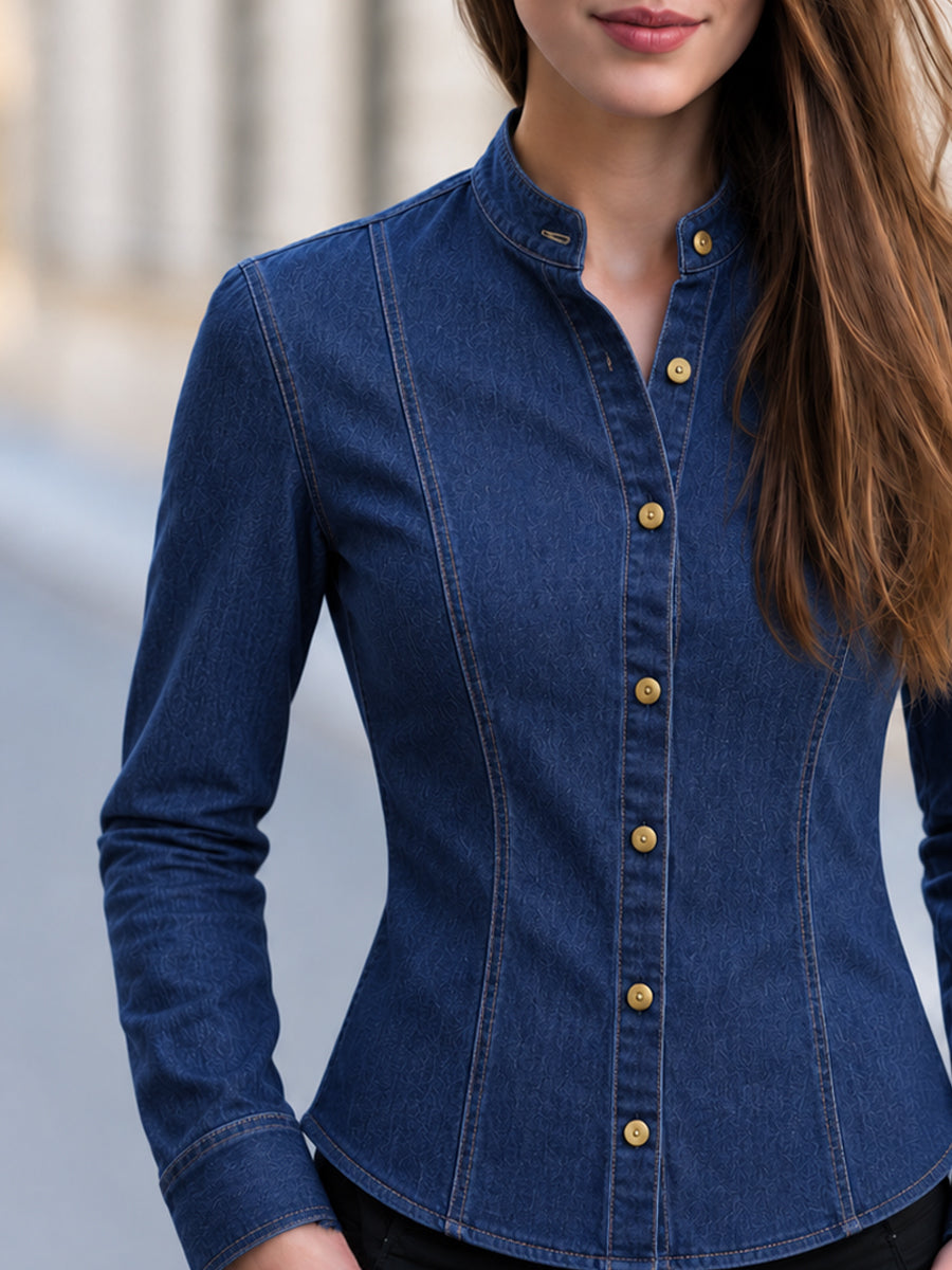 Mandarin Collar Fitted Long Sleeve Blouse