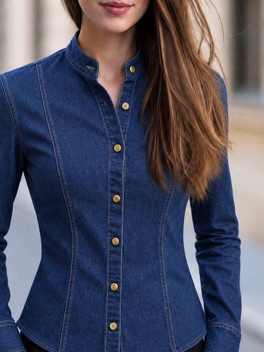 Mandarin Collar Fitted Long Sleeve Blouse