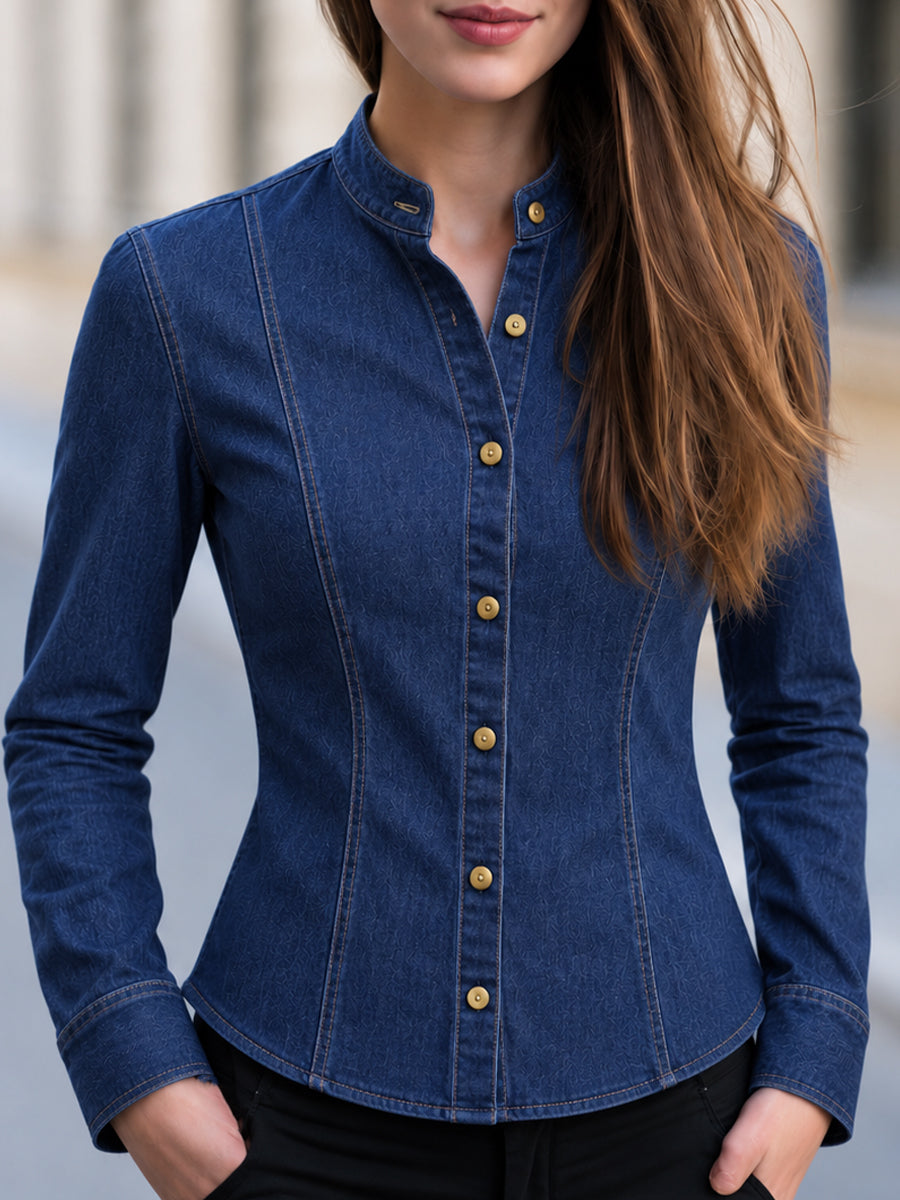 Mandarin Collar Fitted Long Sleeve Blouse
