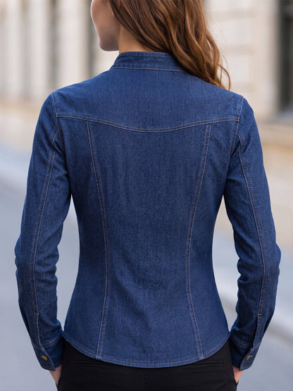 Mandarin Collar Fitted Long Sleeve Blouse