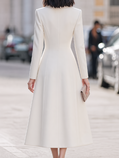 White Satin Lapel Rhinestone Button Midi Coat