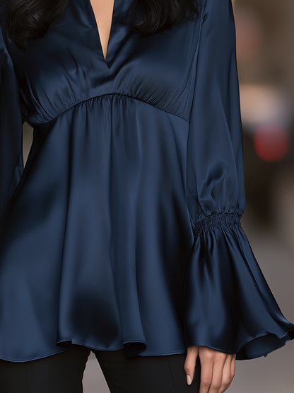 Stand Collar V-Neck Tunic Top With Empire Waist And Flared Bell Sleeves