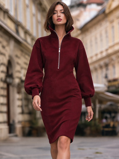 Half-Zip Balloon-Sleeve Sheath Dress