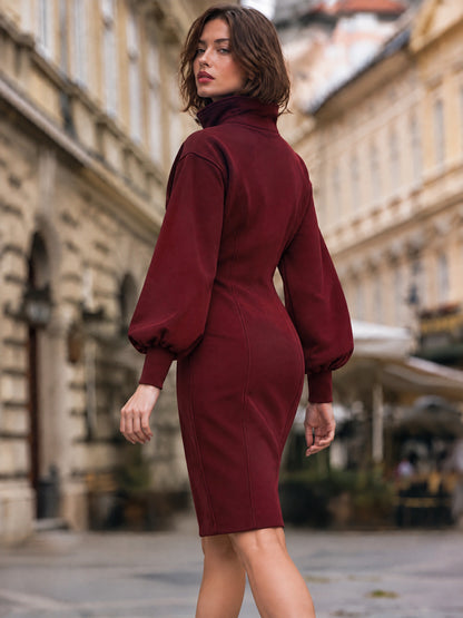 Half-Zip Balloon-Sleeve Sheath Dress