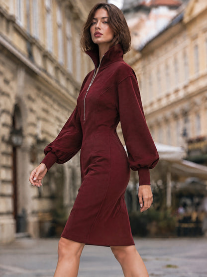 Half-Zip Balloon-Sleeve Sheath Dress
