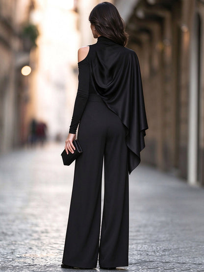 Asymmetric Satin Draped Top And Wide-Leg Trousers Two-Piece Set