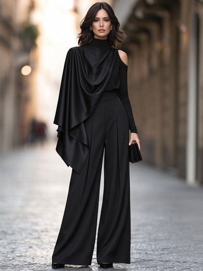 Asymmetric Satin Draped Top And Wide-Leg Trousers Two-Piece Set
