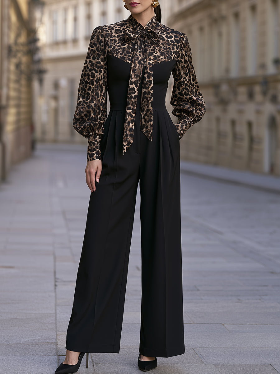 Leopard-Print Tie-Neck Wide-Leg Jumpsuit