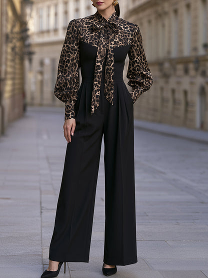 Leopard-Print Tie-Neck Wide-Leg Jumpsuit