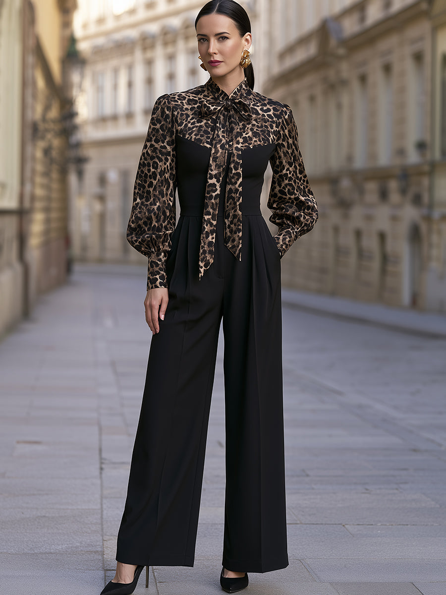 Leopard-Print Tie-Neck Wide-Leg Jumpsuit