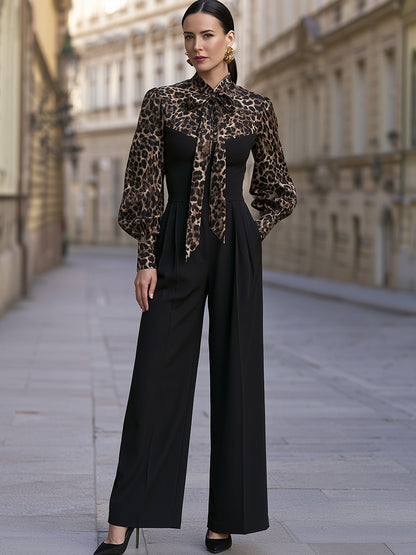 Leopard-Print Tie-Neck Wide-Leg Jumpsuit