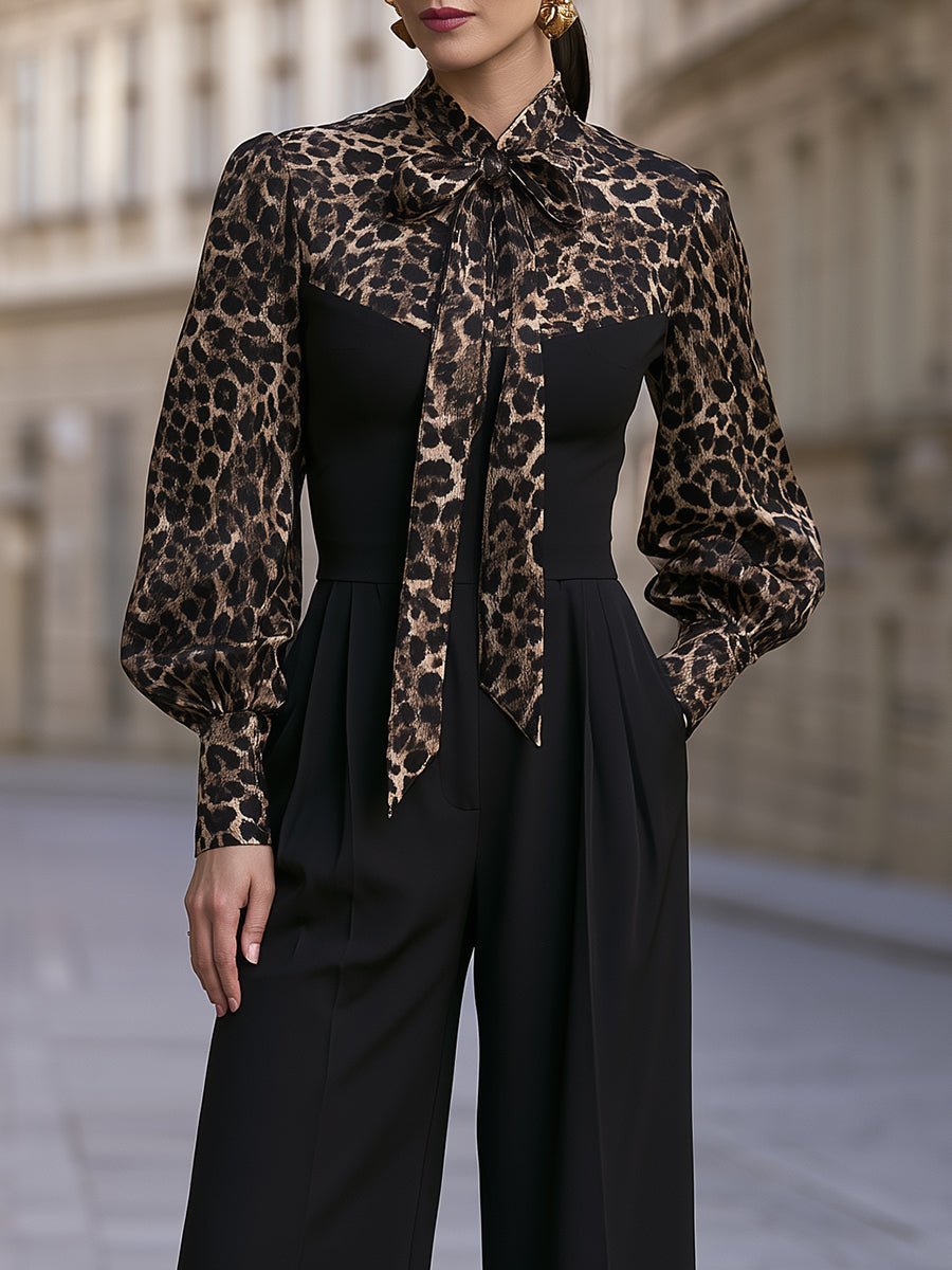 Leopard-Print Tie-Neck Wide-Leg Jumpsuit