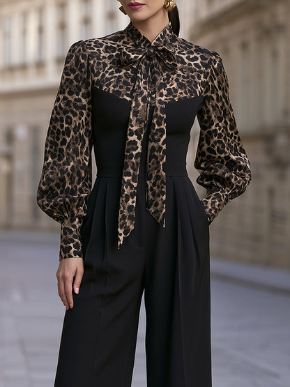 Leopard-Print Tie-Neck Wide-Leg Jumpsuit