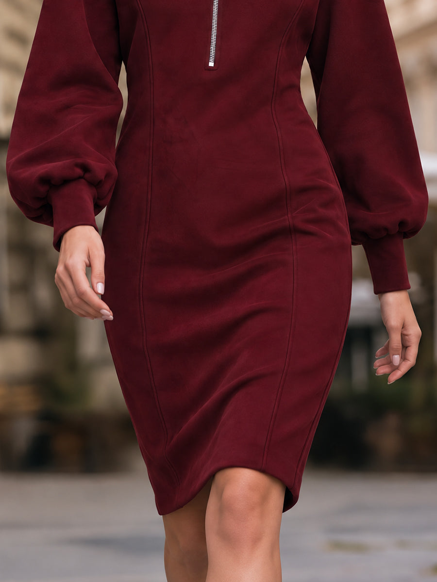 Half-Zip Balloon-Sleeve Sheath Dress