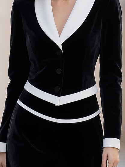 Black Velvet White Contrast Trim Shawl Lapel Two-Piece Skirt Suit