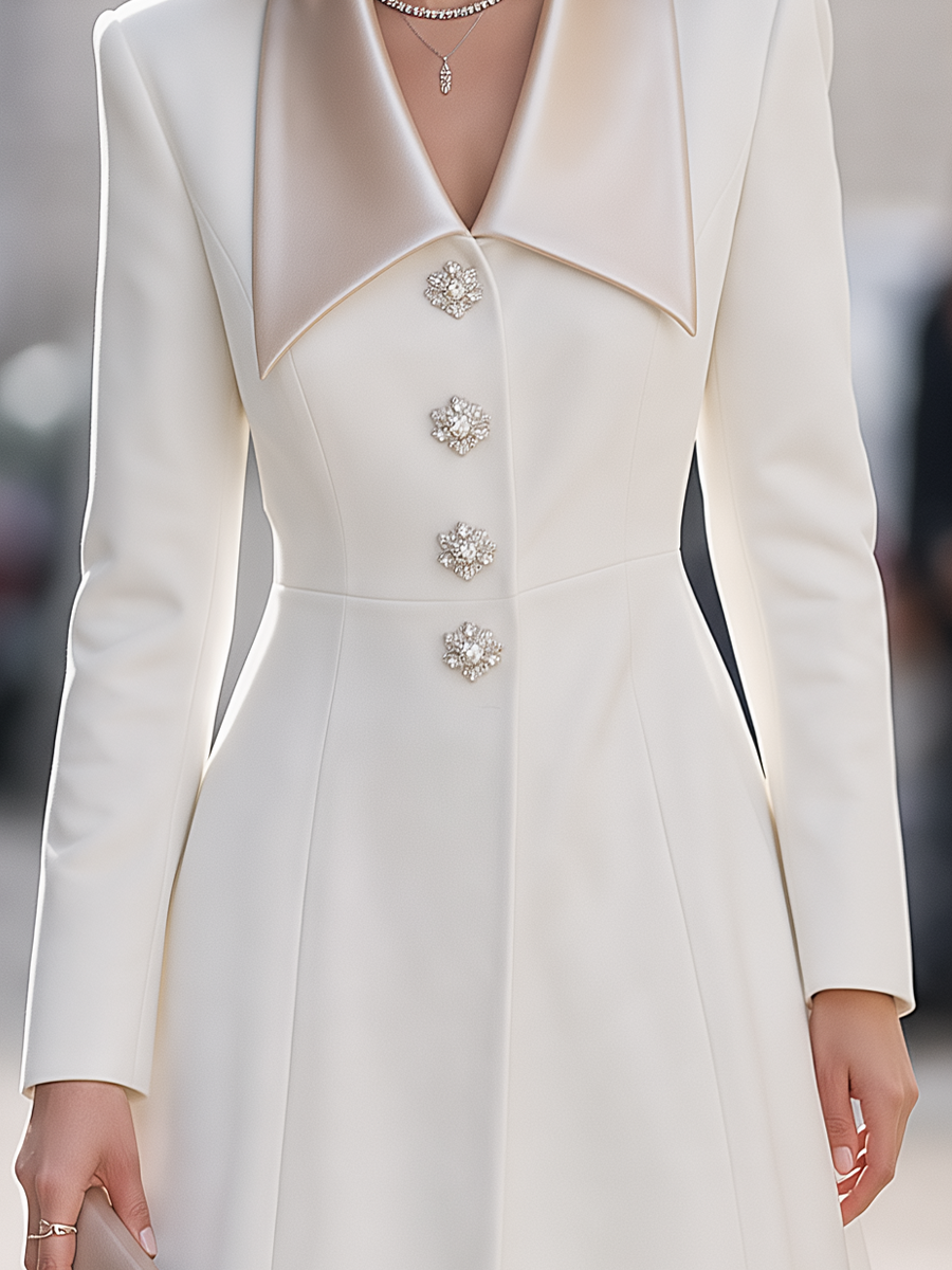 White Satin Lapel Rhinestone Button Midi Coat