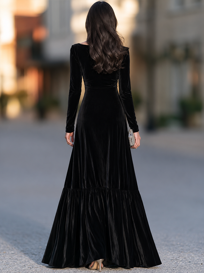 Draped Cowl Neck Gown With Tiered Flounce Hem