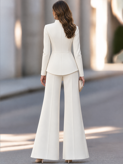Elegant Ivory Asymmetric Blazer And Wide-Leg Trousers Set