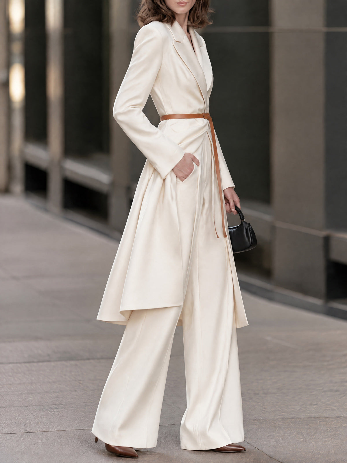 Cream Longline Tailored Wrap Coat with Structured Shoulders and Wide Lapels