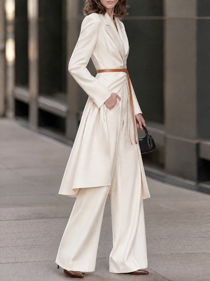 Cream Longline Tailored Wrap Coat with Structured Shoulders and Wide Lapels