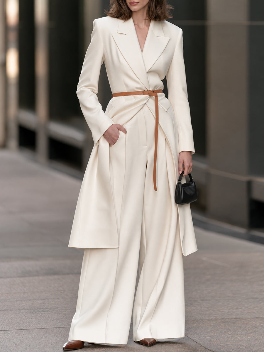 Cream Longline Tailored Wrap Coat with Structured Shoulders and Wide Lapels