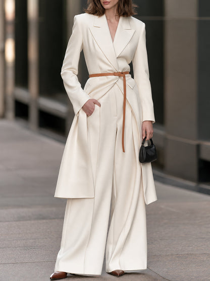 Cream Longline Tailored Wrap Coat with Structured Shoulders and Wide Lapels